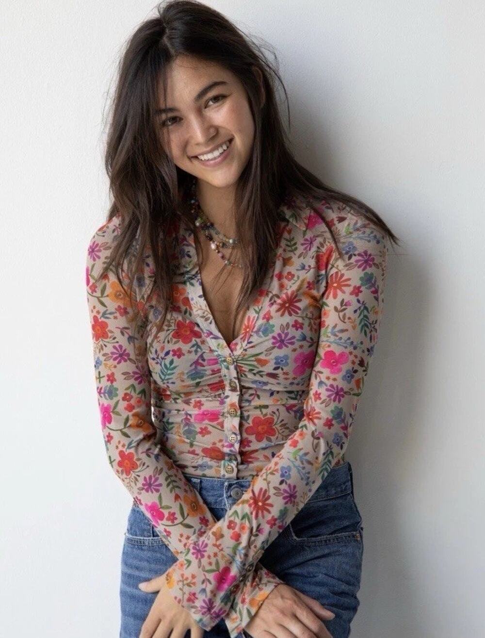 Natural Life Carina Mesh Top Sheer Floral Long Sleeve Button Up Medium boho chic